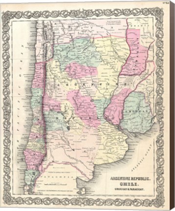 Framed 1855 Colton Map of Argentina, Chile, Paraguay and Uruguay Print