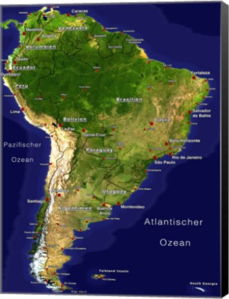 Framed South America - Satellite Orthographic Political Map Print