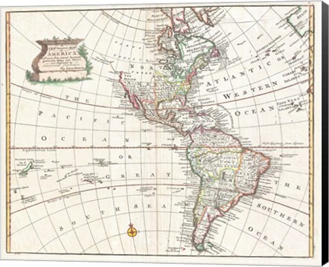 Framed 1747 Bowen Map of North America and South America Print