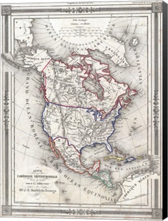 Framed 1852 Bocage Map of North America Print