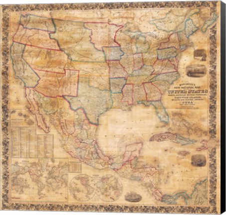 Framed 1856 Mitchell Wall Map of the United States and North America Print