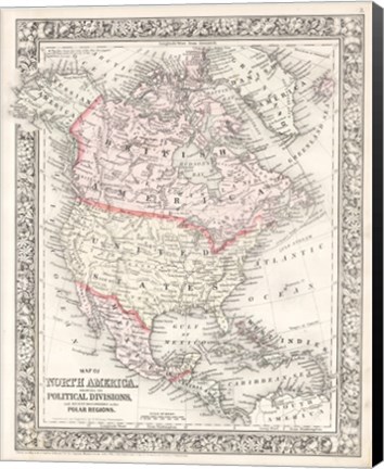 Framed 1864 Mitchell Map of North America Print