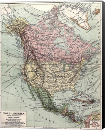 Framed Nord-Amerika Politisk Ofversiktskarta, Nordisk familjebok Print