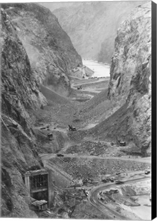 Framed Looking upstream through Black Canyon toward Hoover Dam site showing condition after diversion of Colorado River Print