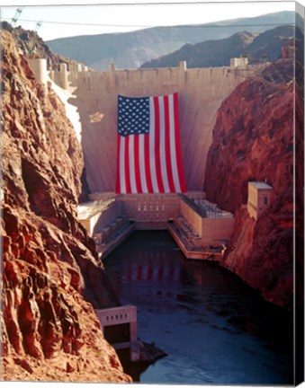 Framed Hoover Dam with large  American flag Print