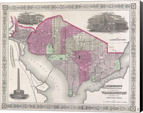 Framed 1864 Johnson Map of Washington D.C. and Georgetown Print