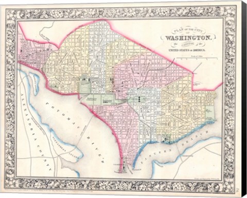 Framed 1864 Mitchell Map of Washington D.C. Print