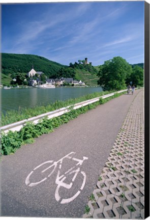 Framed Cycle, Bicycle Path and Two Cyclists, Town View, Beilstein, Mosel Valley, Rhineland, Germany Print