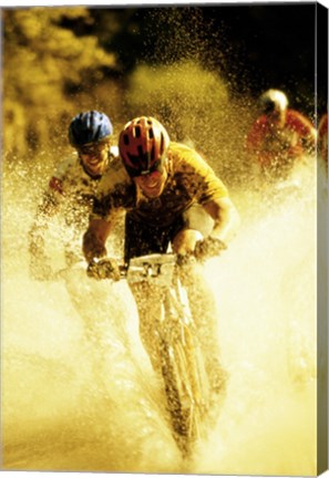 Framed Young men riding bicycles through water Print