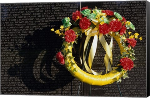 Framed Wreath on the Vietnam Veterans Memorial Wall, Vietnam Veterans Memorial, Washington, D.C., USA Print