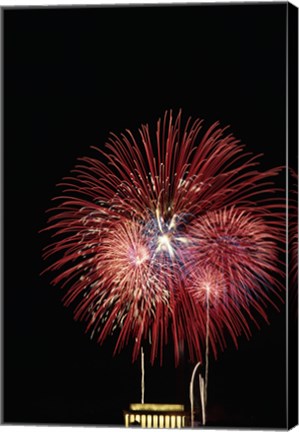 Framed Fireworks display at night with a memorial in the background, Lincoln Memorial, Washington DC, USA Print