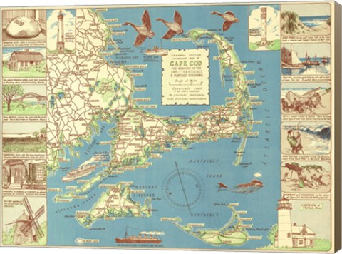 Framed 1940 Colonial Craftsman Decorative Map of Cape Cod, Massachusetts Print