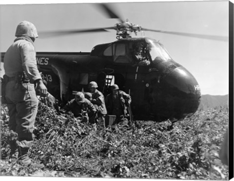 Framed Korea, US Marine Corps, soldiers exiting military helicopter Print