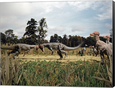 Framed Side profile of two pachycephalosaurus fighting in a forest Print