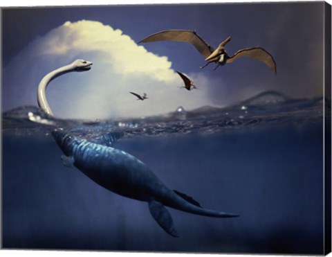 Framed Plesiosaurus and Flying Pteranodons Print