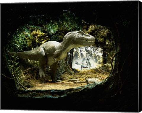 Framed Tyrannosaur Watching Family Group Fighting an Ankylosaurus Print