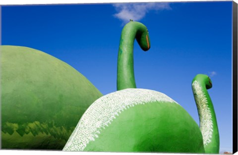 Framed Sculptures of two dinosaurs outside a rock shop, Holbrook, Route 66, Arizona, USA Print