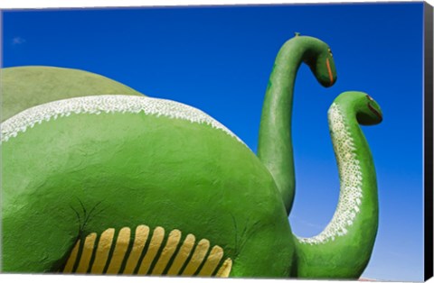 Framed Sculptures of two dinosaurs outside a rock shop, Holbrook, Route 66, Arizona, USA Print