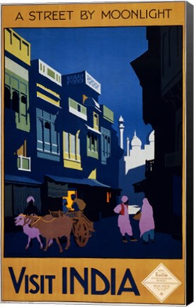 Framed Visit India, a street by moonlight, travel poster 1920 Print