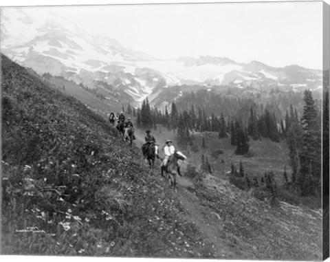 Framed People on horseback, on trail, Van Trump Park, Mt. Rainier National Park, Washington Print