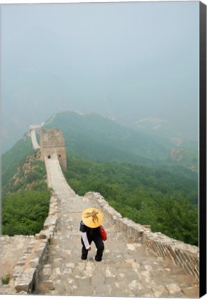 Framed Tourist climbing up steps on a wall, Great Wall of China, Beijing, China Print