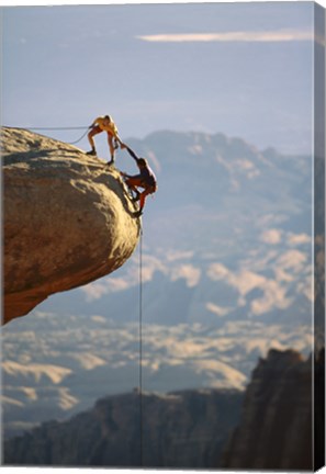 Framed Two hikers with ropes at the edge of a cliff 2 Print