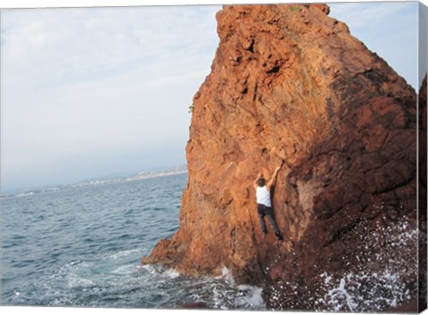 Framed Deep Water Solo on a small rock at Point de l&#39;Aiguille Print