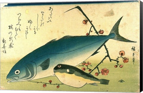 Framed Hiroshige A Shoal of Fishes Fugu Yellowtail Print