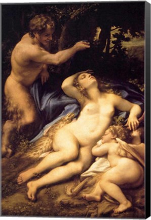 Framed Correggio - Venus and Cupid with a Satyr Print