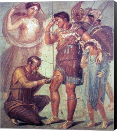 Framed doctor Japyx heals Aeneas, sided by aphrodite mural from Pompeii Print