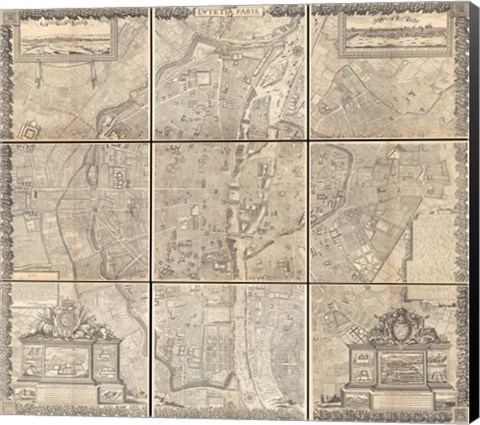 Framed 1652 Gomboust 9 Panel Map of Paris, France Print