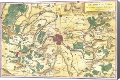 Framed 1780 Bonne Map of the Environs of Paris, France Print