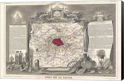 Framed 1852 Levasseur Map of the Department de la Seine Print