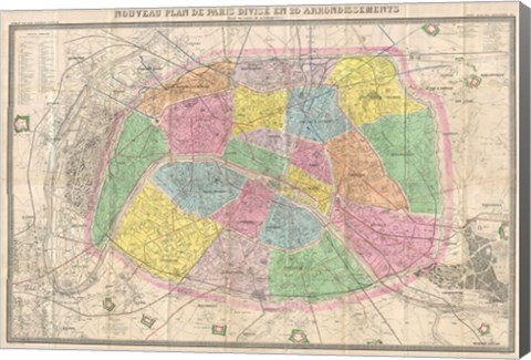 Framed 1867 colored Logerot Map of Paris, France Print