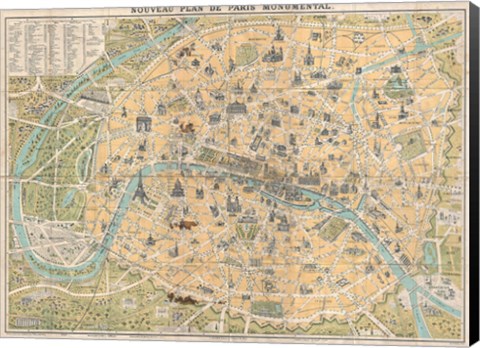 Framed 1890 Guilmin Map of Paris, France with Monuments Print