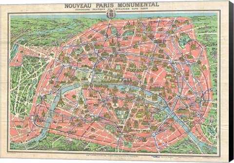 Framed Map of Paris circa 1931 including monuments Print