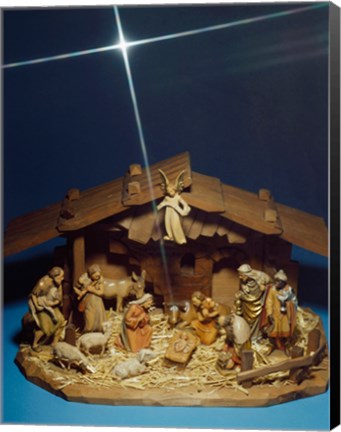 Framed Close-up of figurines depicting a nativity scene Print