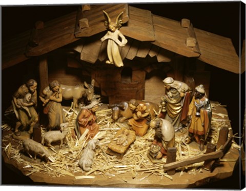 Framed Close-up of figurines depicting a nativity scene Print