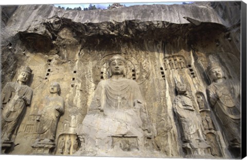 Framed Buddha Statue Carved on a wall, Longmen Caves,  ground view in China Print