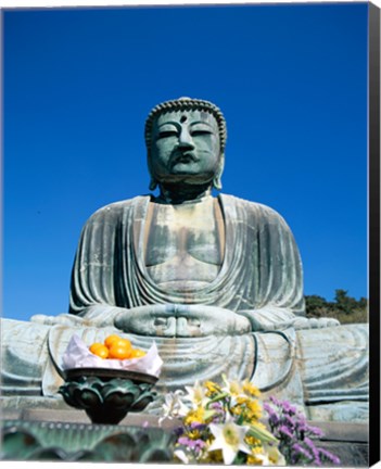 Framed Daibutsu Great Buddha, Kamakura, Honshu, Japan With Flowers Print