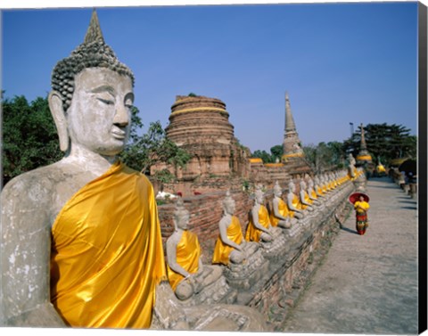 Framed Line of Buddha Statues, Wat Yai Chai Mongkhon, Ayutthaya, Thailand Print