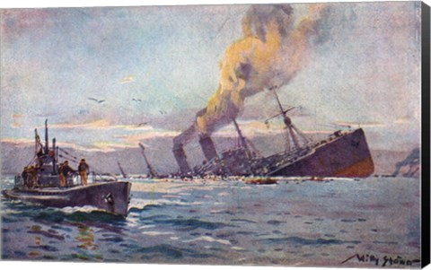 Framed U-boat Sinking a Troop Transport Ship Print