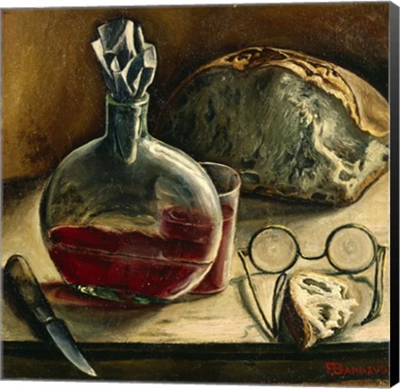 Framed Still Life with Jug of Wine, Bread and Glasses Print