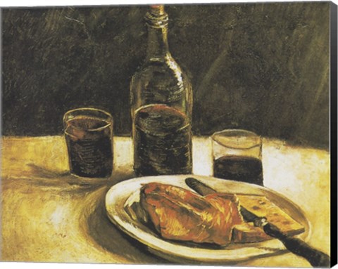 Framed Still Life with Bottle, Two Glasses, Cheese and Bread Print