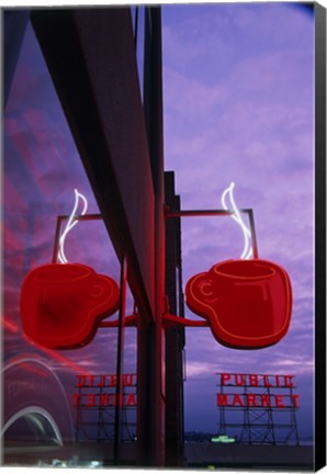 Framed Coffee Cup Neon Sign Lit Up at Dusk Print