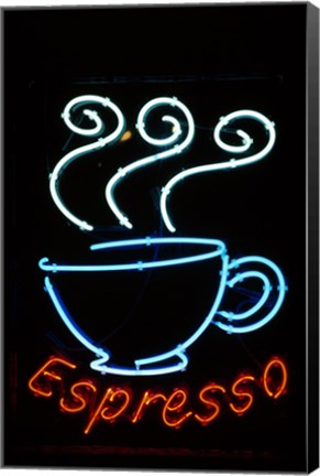 Framed Glowing Neon Sign of an Espresso Coffee Cup Print