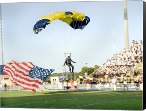 Framed U.S. Navy Demonstration Parachute Team, the Leap Frogs, Lands at the 50 Yard Line of Aggie Stadium Greensboro NC Print