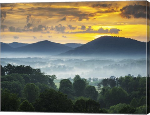 Framed Asheville NC Blue Ridge Mountains Sunset and Fog Landscape Print