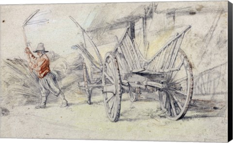 Framed Man Threshing Beside a Wagon Print