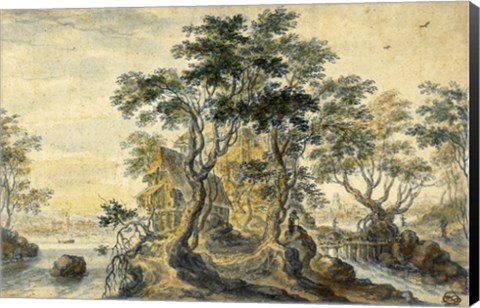 Framed River Landscape with House on a Rocky Island Print